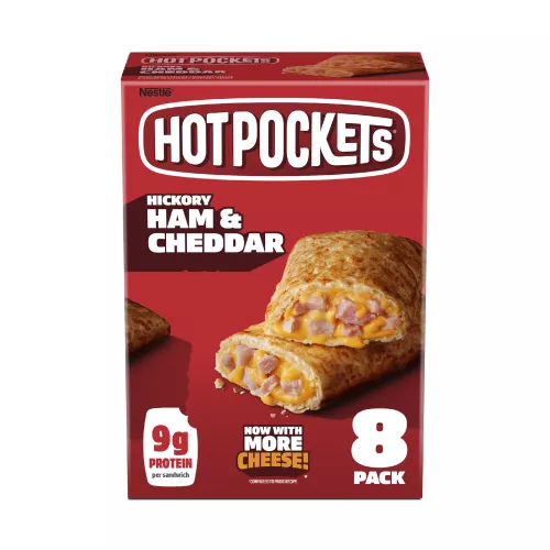 Front Center view of Hot Pockets Crispy Crust Hickory Ham and Cheddar Frozen Sandwiches 36 oz 8 pk Box NET WT 36 oz (2 lb 4 oz) 1.02 kg product.