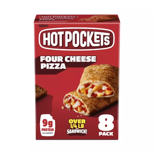 Caja de Four Cheese Pizza Hot Pockets® con el nombre y la imagen del producto y carteles de nuevo tamaño y paquete de 8.