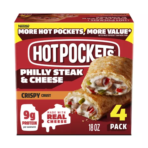 Front Center view of Hot Pockets Philly Steak and Cheese 4PK Frozen Sandwiches 18oz product.