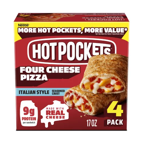 Vista frontal centrada de NESTLE HOT POCKETS sabor Four Cheese Pizza de PESO NETO 17 OZ (1LB 1 OZ) 481 g.