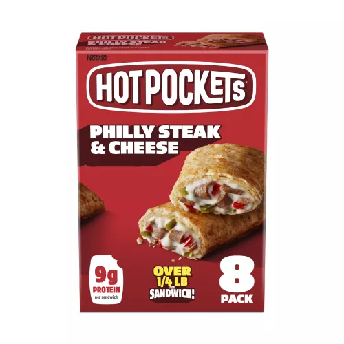 Box of Philly Steak & Cheese Hot Pockets® with the product name, product image, and “8 Pack” label in the corner.