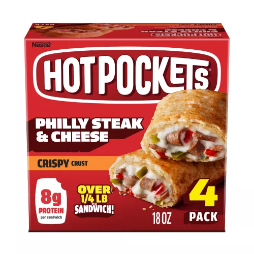 Front Center view of Hot Pockets Philly Steak and Cheese 4PK Frozen Sandwiches 18oz product.