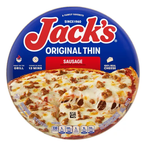 Un empaque de pizza de salchicha con una etiqueta roja, una espátula que levanta una porción de pizza y el logotipo de Jack's sobre un fondo azul.