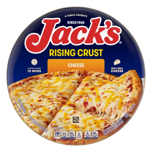Un empaque de pizza con masa inflada con una etiqueta naranja, una espátula y una pizza, y el logotipo de Jack's sobre un fondo azul.