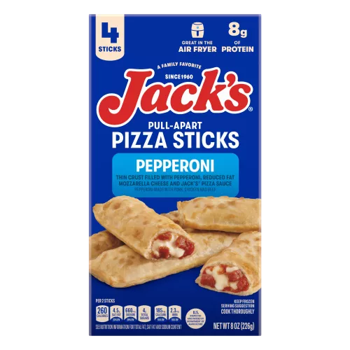 Paquete de Pepperoni Pull-Apart Pizza Sticks de Jack's que lee 4 palitos, para freidora de aire y 8 gramos de proteína.