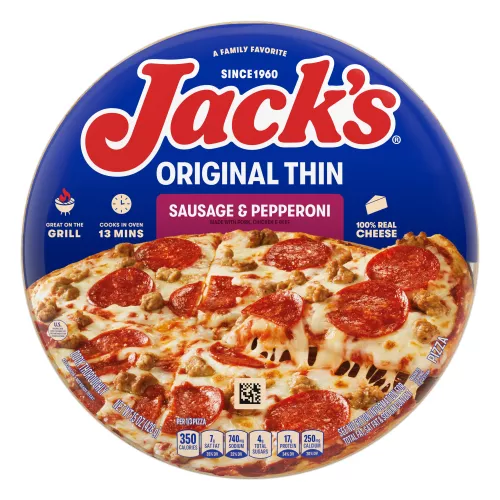 Empaque de pizza de salchicha y pepperoni con una etiqueta morada, una espátula bajo una pizza y el logotipo de Jack's sobre un fondo azul.