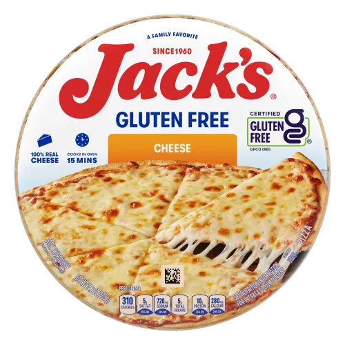 Imagen frontal centrada de una caja de pizza congelada Jack's de queso con masa sin gluten de 14.2 oz.