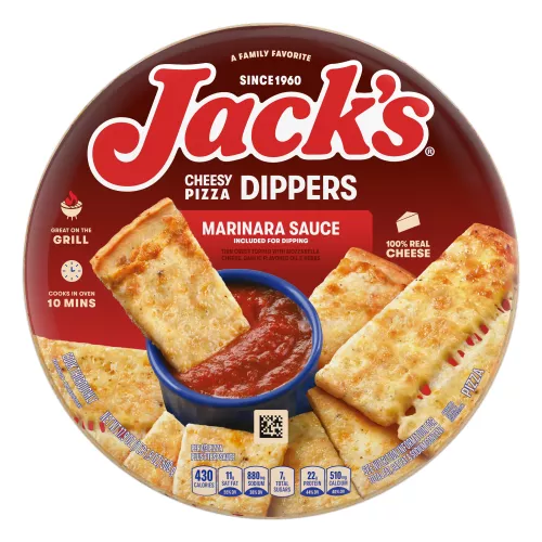 Un paquete de cheesy pizza dippers con queso con el logotipo de Jack's y pizza dippers y una fila de pizza dippers alrededor de una taza de salsa marinara.