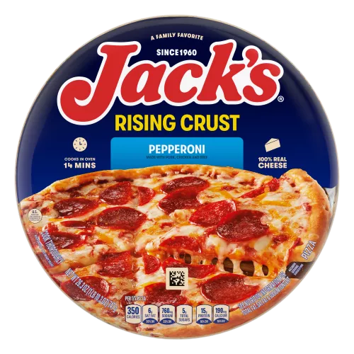 Un empaque de pizza de pepperoni con una etiqueta azul, una espátula que levanta una porción de pizza y el logotipo de Jack's sobre un fondo azul.