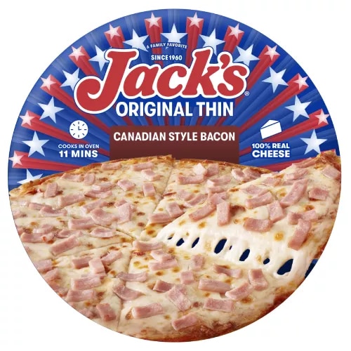 Un empaque de pizza con tocino estilo canadiense con una etiqueta marrón, una pizza y una espátula, y el logotipo de Jack's sobre un fondo azul.
