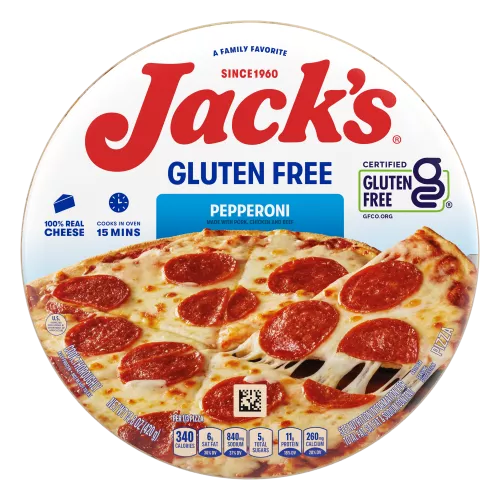 Front Center view of Jacks Pizza Gluten Free Crust Pepperoni 12in Frozen Pizza 14.8oz Box product.