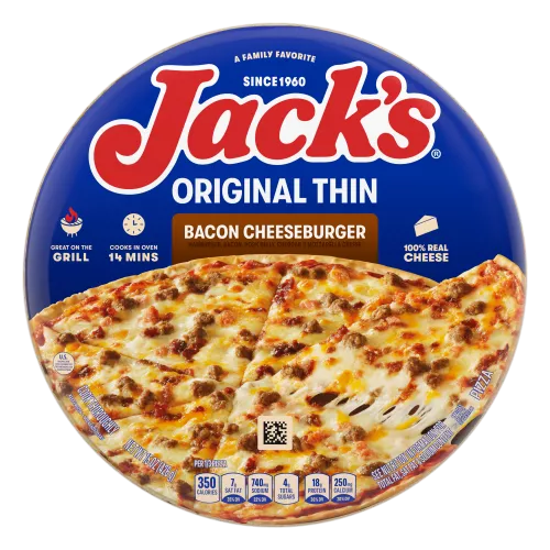 Front Center view of JACK'S Original Thin Bacon Cheeseburger Frozen Pizza 15oz Pack NET WT 15 oz (426 g) product.