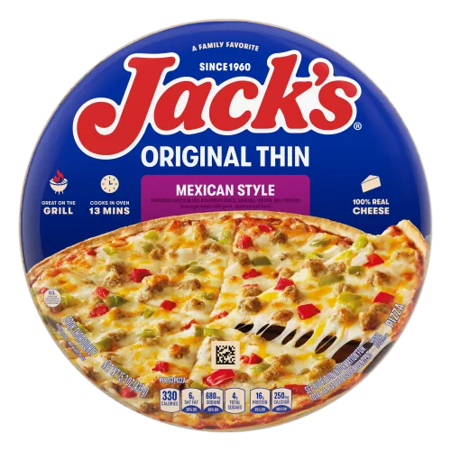 Front Center view of JACK'S Original Thin Mexican Style Pizza 15.3 oz Pack NET WT 15.3 oz (435 g) product.