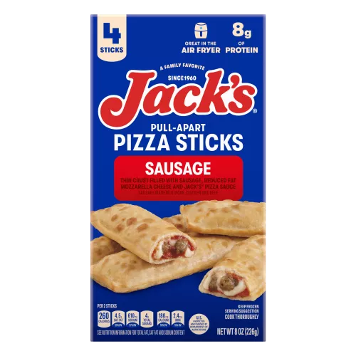 Paquete de Sausage Pull-Apart Pizza Sticks de Jack's que lee 4 palitos, para freidora de aire y 8 gramos de proteína. Salchicha hecha con cerdo, pollo y carne de res.