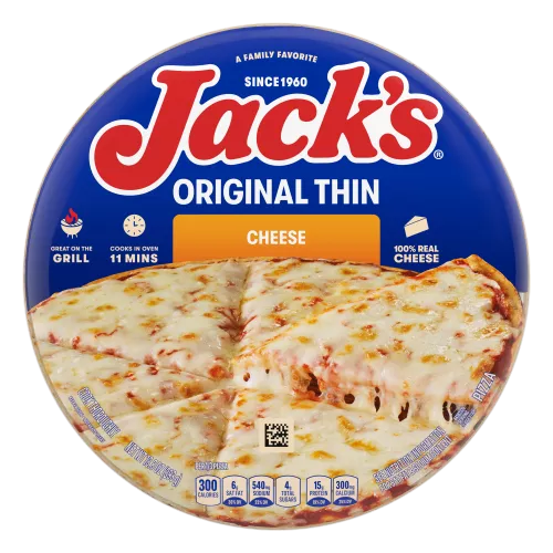 A package of cheese pizza with an orange label, a spatula lifting a pizza slice, and the Jack's logo on a blue background.