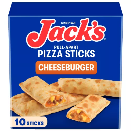 Vista frontal centrada de caja de 20 oz de 10 palitos Jacks Pull-Apart Pizza Sticks Cheeseburger.
