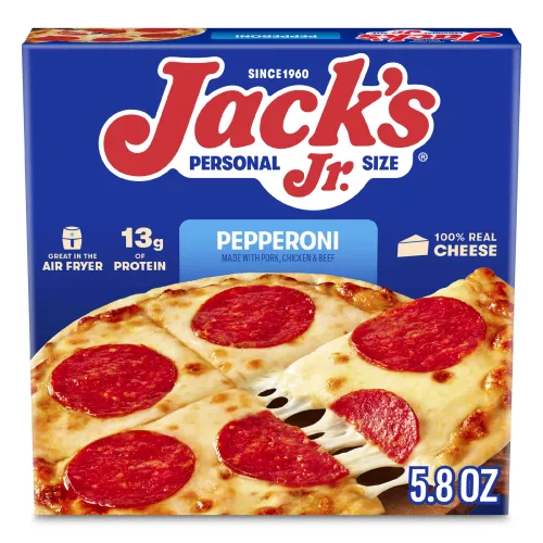 Vista frontal centrada de caja con peso neto de 5.8oz (167g) de pizza JACK'S Jr. de pepperoni tamaño individual.
