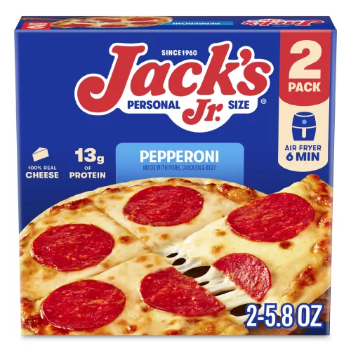 Vista frontal centrada de una caja de 2 pizzas congeladas de pepperoni de JACK'S
