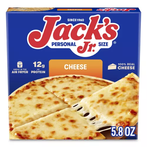 Vista frontal centrada de caja con peso neto de 5.8oz (165g) de pizza JACK'S Jr. de queso tamaño individual.