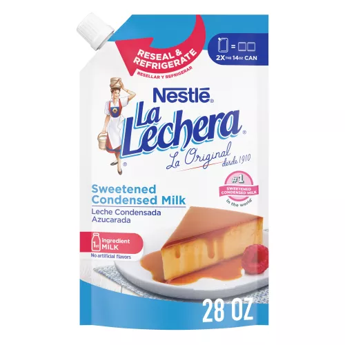 Envase resellable de leche condensada con logo La Lechera, plato con flan y frambuesas, sello #1 leche condensada azucarada.