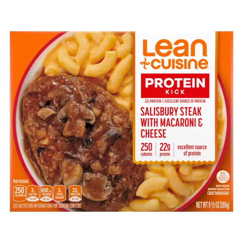 Caja de Salisbury Steak with Macaroni & Cheese con una etiqueta de Protein Kick y un letrero de 22 g de proteína.