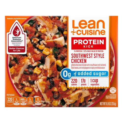 Vista frontal centrada de caja de Lean Cuisine SW Style Chicken Frozen Entrée de 8.9oz/PESO NETO 8.9oz (255g).