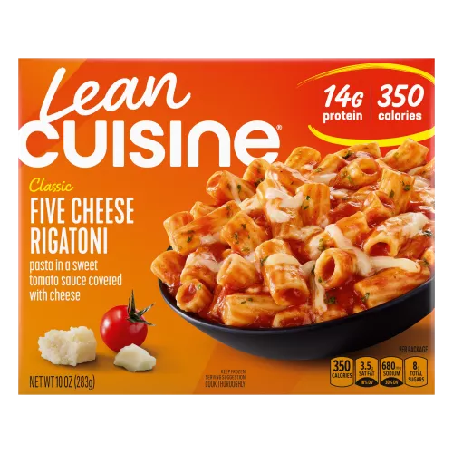 A box of Five Cheese Rigatoni with a Comfort Cravings label near a bowl of rigatoni pasta in a sweet tomato sauce.