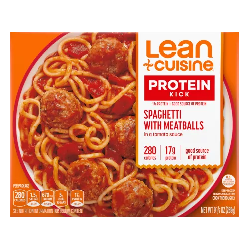 A box of Spaghetti with Meatballs with a Protein Kick label near a bowl of spaghetti and meatballs in tomato sauce.