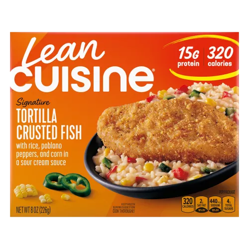 A box of Tortilla Crusted Fish with a Protein Kick label near a bowl of tortilla crusted fish, corn, peppers and rice.