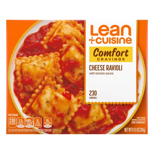 A box of Cheese Ravioli with a Comfort Cravings label near a bowl of cheese ravioli covered in marinara.