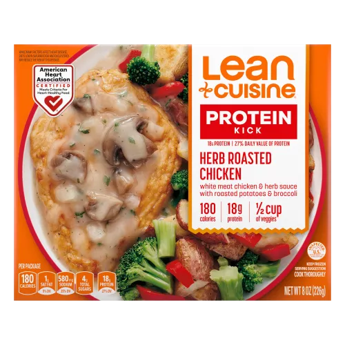 Una caja de Herb Roasted Chicken con la imagen de un tazón con pollo bañado en salsa de champiñones con brócoli y papas.