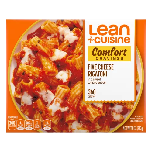 A box of Five Cheese Rigatoni with a Comfort Cravings label near a bowl of rigatoni pasta in a sweet tomato sauce.