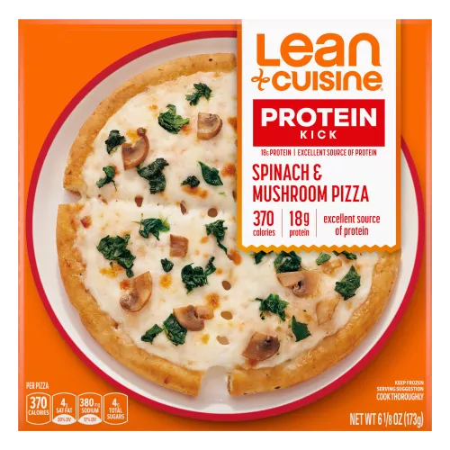 A box of Spinach and Mushroom Pizza with a Protein Kick label near a deep dish pizza with spinach and mushrooms.