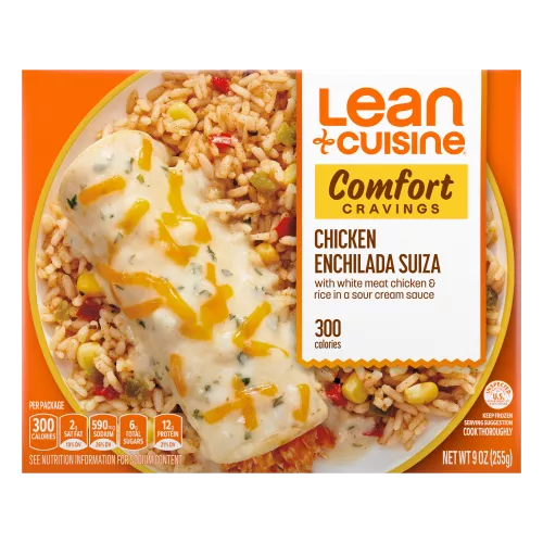 A box of Chicken Enchilada Suiza with a Comfort Cravings label near a bowl of chicken enchilada and Mexican-style rice.