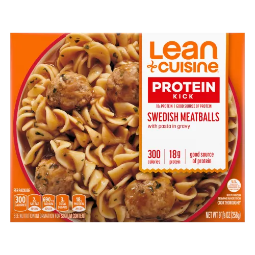 A box of Swedish Meatballs with a Protein Kick label near a bowl of meatballs and pasta covered with gravy.