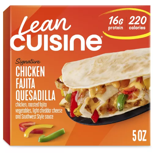 Orange box showing right-aligned product labels and chicken fajita quesadilla slices stacked on top of each other