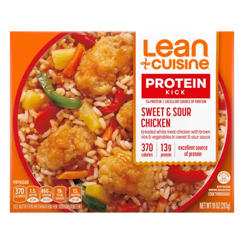 A box of Sweet and Sour Chicken with Protein Kick label with 330 calories and 13 grams of protein near a bowl of rice, chicken and vegetables.