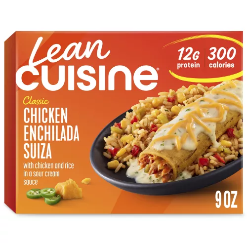 A box of Chicken Enchilada Suiza with a Comfort Cravings label near a bowl of chicken enchilada and Mexican-style rice.
