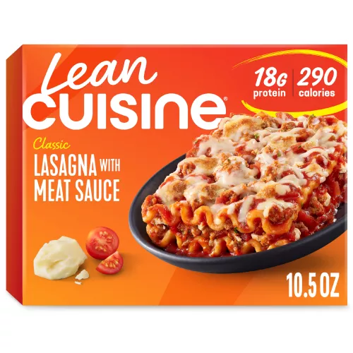 A box of Lasagna with Meat Sauce with a Comfort Cravings label near a bowl of lasagna with seasoned meat, tomato and mozzarella.