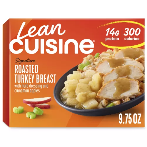A box of Roasted Turkey Breast with a Protein Kicks label near a bowl of sliced turkey, apples, and dressing.