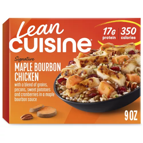 Front Center view of LEAN CUISINE Maple Bourbon Chicken Frozen Entrée 9oz NET WT 9 oz (255 g) product.