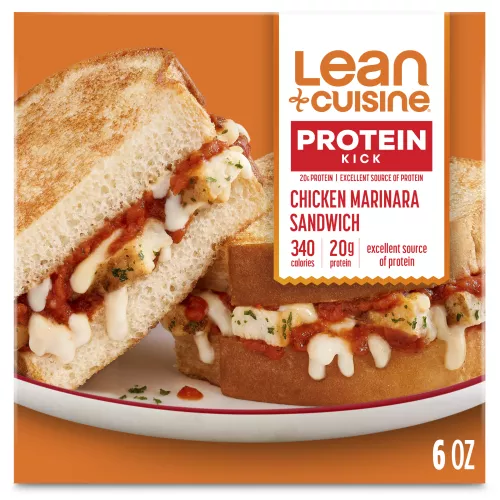 Box of Chicken Marinara Sandwich with a Protein Kick, 20g protein, 34 calories and excellent source of protein labels.