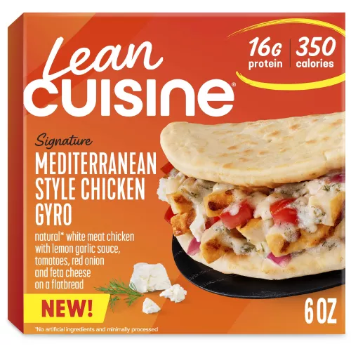 Front Center view of LEAN CUISINE Frozen Meal Mediterranean Style Chicken Gyro 6oz Carton NET WT 6 oz (170 g) product.