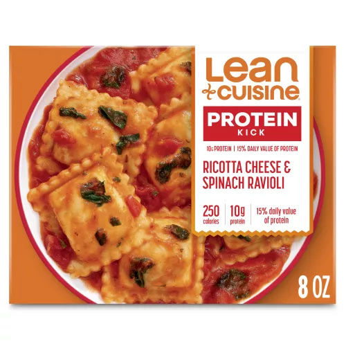 A box of Ricotta and Spinach Ravioli with a Protein Kick label near a bowl of ravioli with a rich tomato garlic sauce.