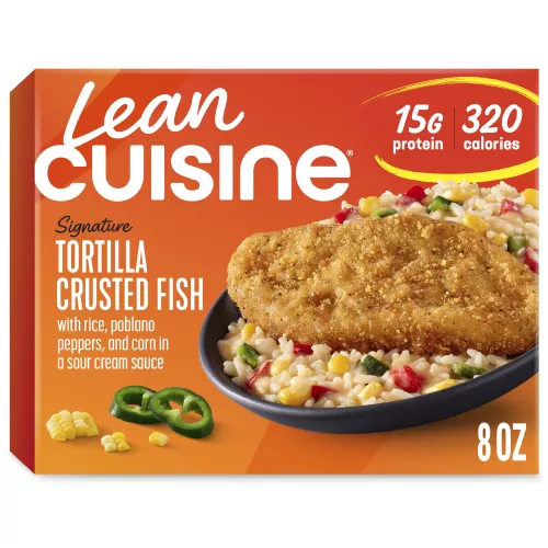 Front Center view of LEAN CUISINE Tortilla Crusted Fish Frozen Entrée 8oz NET WT 8 oz (226 g) product.