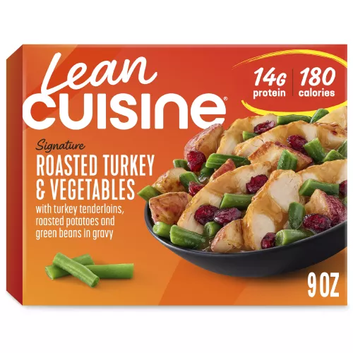 A box of Roasted Turkey and Vegetables with Protein Kick label with 190 calories, 15 grams of protein, half cup of veggies, and gluten free near a bowl of turkey, sweet potatoes and cranberries.