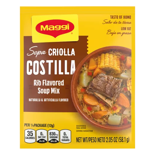 Criolla Beef Noodle Soup mix with a red label near a stack of vegetables above a bowl of beef, corn, noodles, and celery.