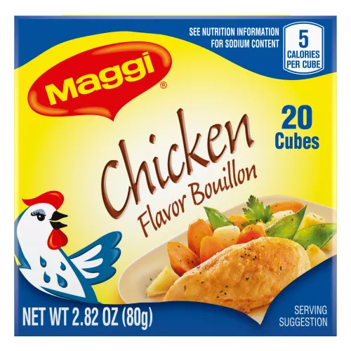 Caja de 20 cubitos de caldo MAGGI Chicken Bouillon con el dibujo de un pollo sobre una etiqueta azul y amarilla.