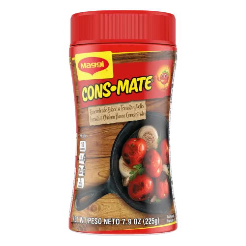 Front Center view of Maggi Cons-mate Tomato and Chicken Flavor Concentrate NET WT 7.9 OZ (225g) product.