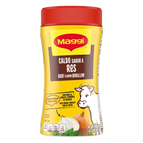 A canister of Granulated Beef Bouillon with a dark red and yellow label near an illustrated bull.